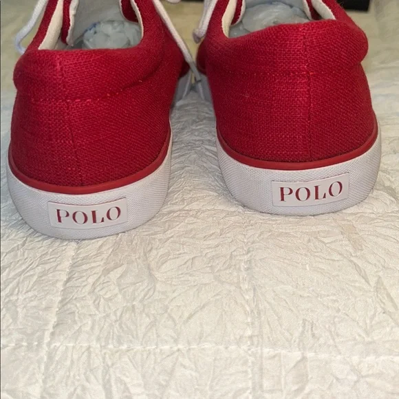 Polo by Ralph Lauren Red Canvas Flax Linen Low-Top White Logo Sneakers SZ 10.5 D - Picture 5 of 8